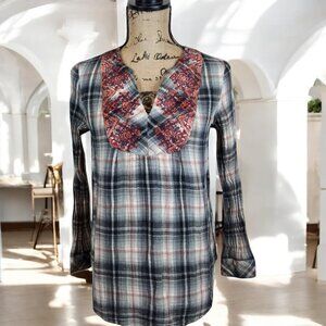 Sundance Plaid Embroidered Cottage Western Long‎ Sleeve Peasant Top XS